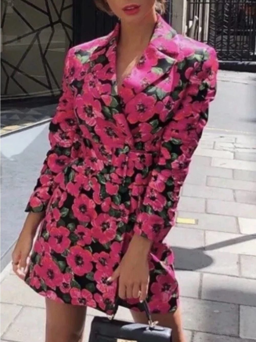 Zara Hot Pink Floral Blazer Mini Dress or Blazer with Green Leaves